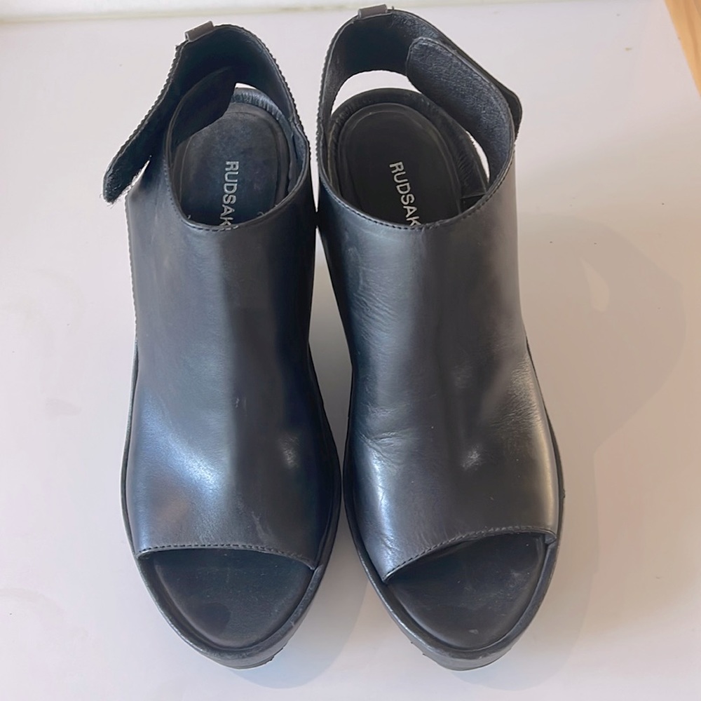 Black Peep-toe, sling-back wedge booties